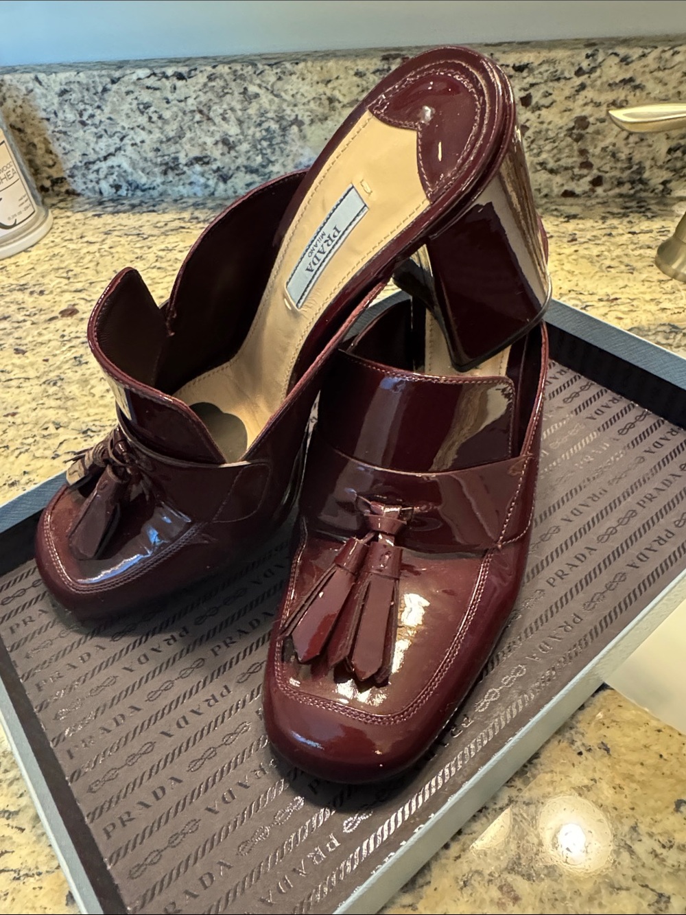 Prada Patent Leather Tassel Mules in Deep Burgundy 40.5